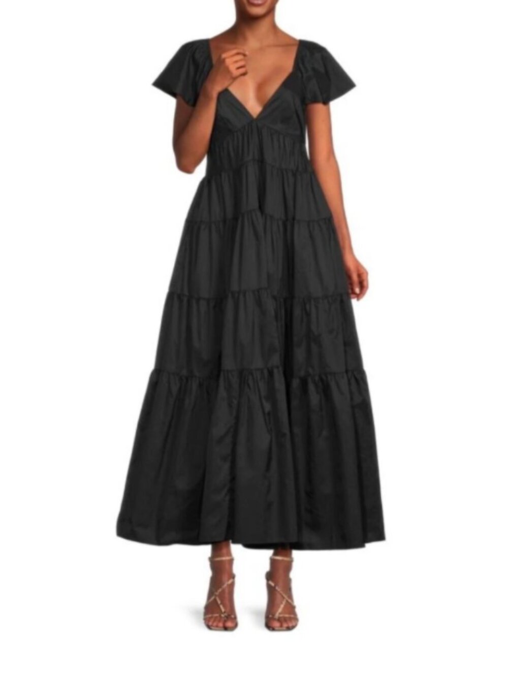 STAUD Corsica Long Black Tiered Parachute Maxi Dress Deep V Plunging Front Large